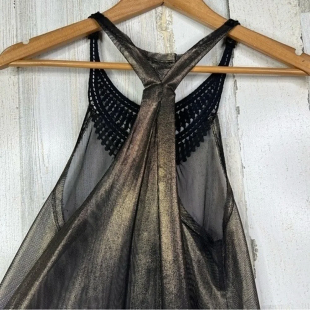 Free People Embellished Sheer‎ Metallic Racerback Tank Top Black Gold Rhinestone